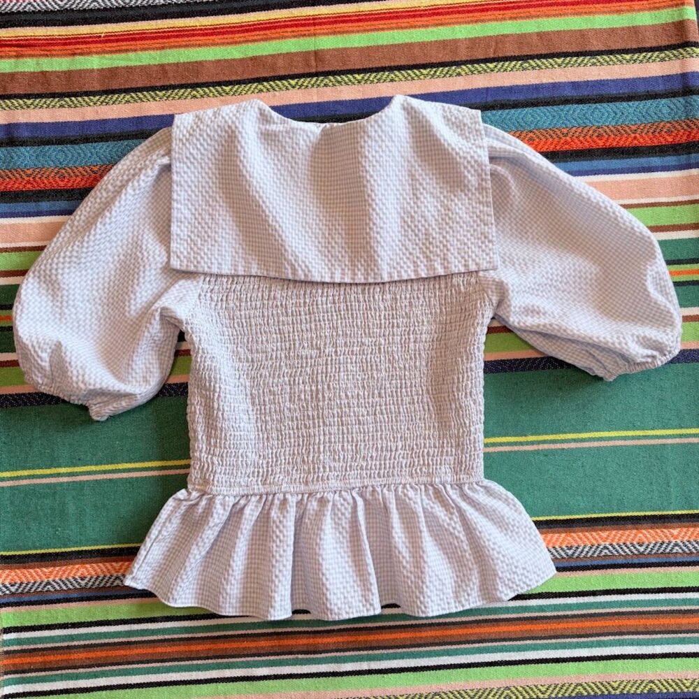 Storia Smocked Blue Gingham Peplum Top with Puff Sleeves & Square Collar size S - Picture 10 of 11